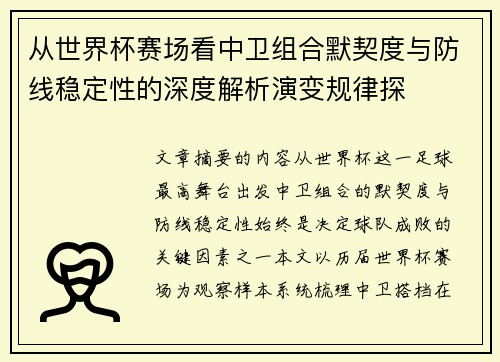 从世界杯赛场看中卫组合默契度与防线稳定性的深度解析演变规律探